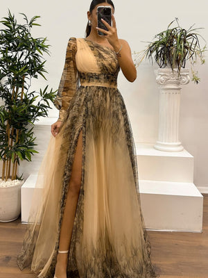 Sloping Shoulders Mesh Printed Reunion Maxi Dresses