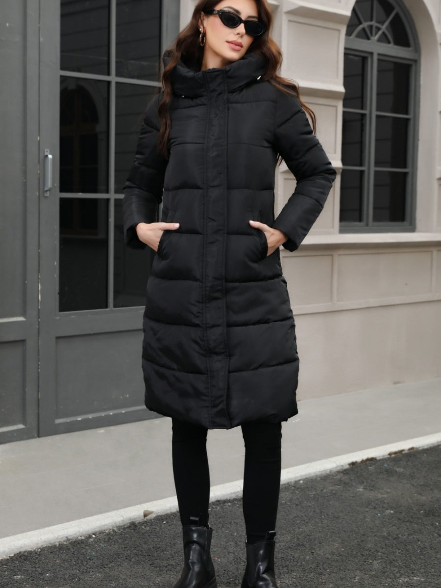 Black Hooded Thickening Slim-fit Long Down Jacket