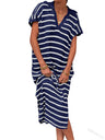 Stripes V-neck Short Sleeve Low-split Lapel Maxi Dresses