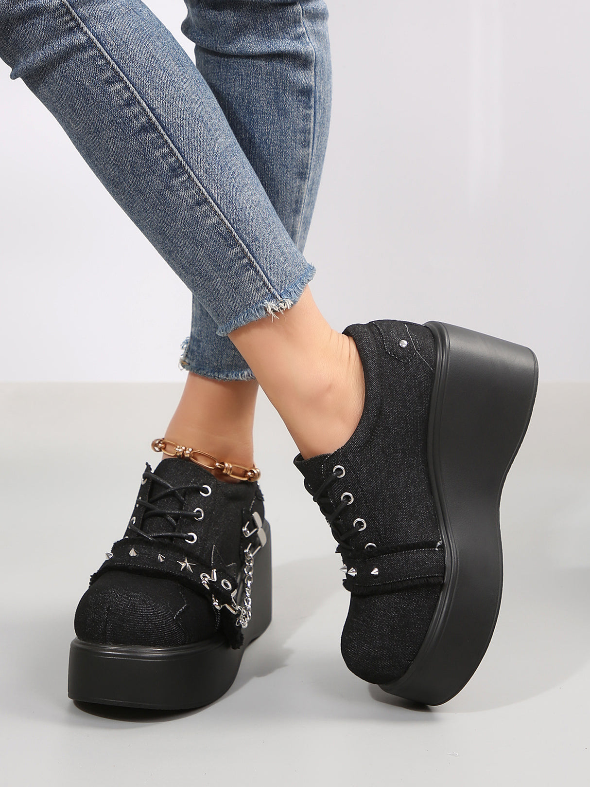 Denim Studded Wedge Platform Shoes