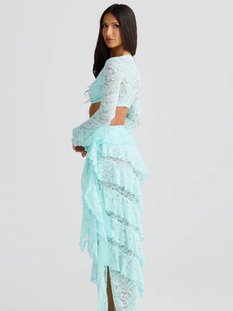 Lace Round Neck Long-sleeved Bell Sleeve Top And Layered Ribbon Skirt Two-piece Set