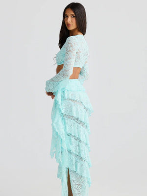 Lace Round Neck Long-sleeved Bell Sleeve Top And Layered Ribbon Skirt Two-piece Set