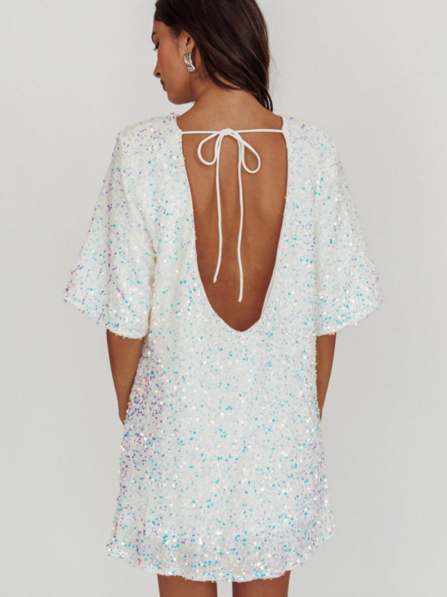 Crew Neck Sequins European And American Style Short Sleeve Loose Bandage Parties Christmas Short Dress