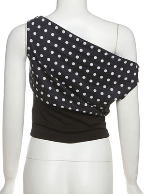 Polka Dots One-shoulder Off-shoulder Cropped Top And Cinched Waist Tank Tops&Camis
