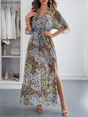 Printed Straps V-neck Short Sleeve Slit Maxi Dresses
