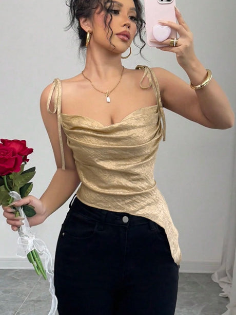 Irregularly Pleated Glossy T-shirt With Gold Foil Short Camisole