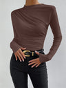 Solid Color Slim Fit Base Layer Versatile Pleated Long-sleeved T-shirt