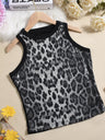 Sequined Leopard Print Color-blocked Crop Top Elastic Vest