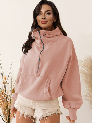 Women's Autumn/Winter Solid Color Half-Zip Long-Sleeve Kangaroo Pocket Hooded Sweatshirt