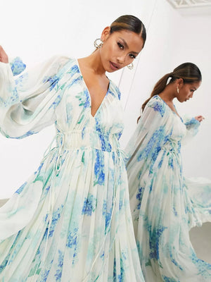 Printed Chiffon Drawstring Maxi Dresses