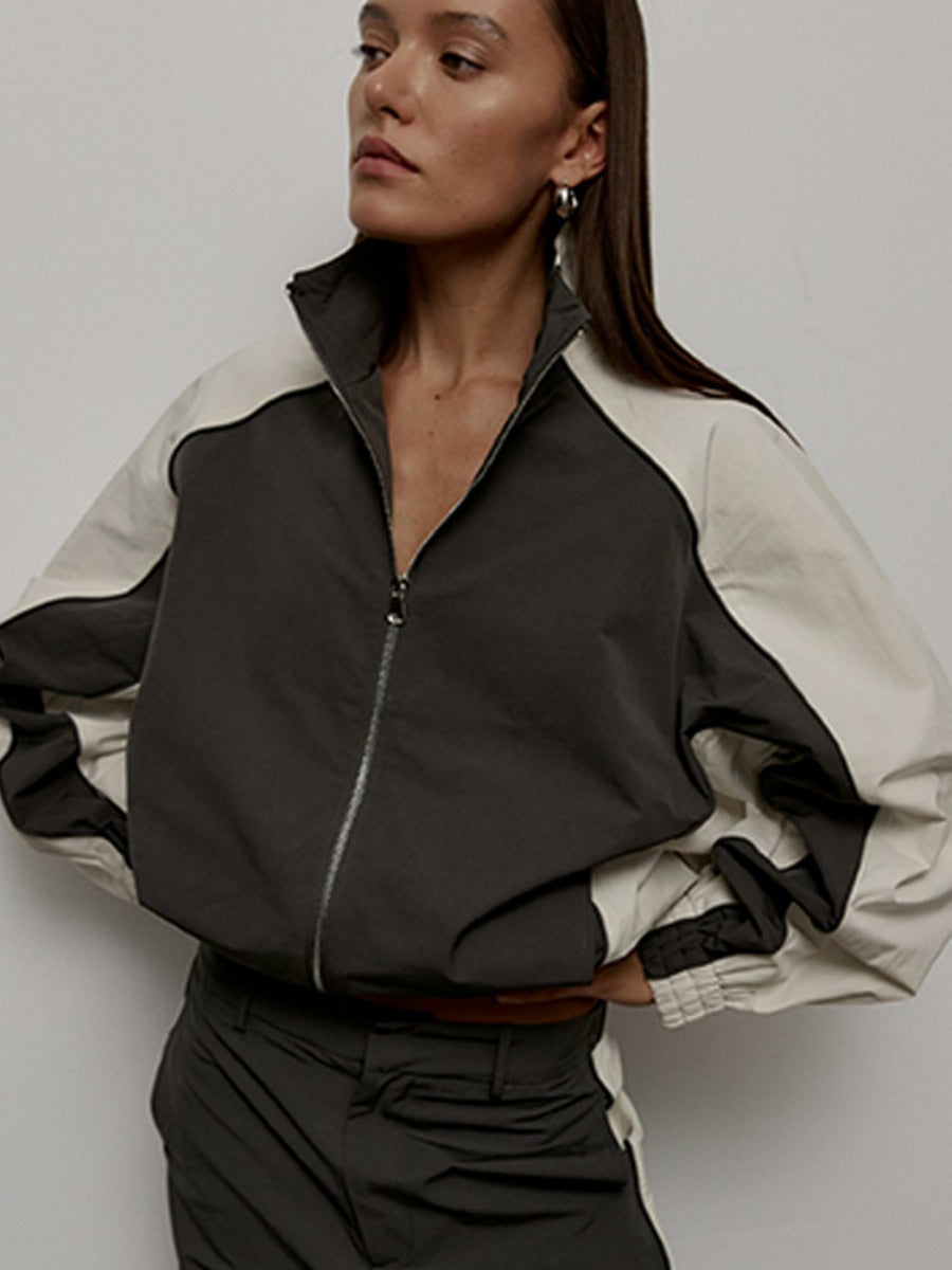 Liber Autumn women's drawstring clothing Colorblock long-sleeved two-piece jacket