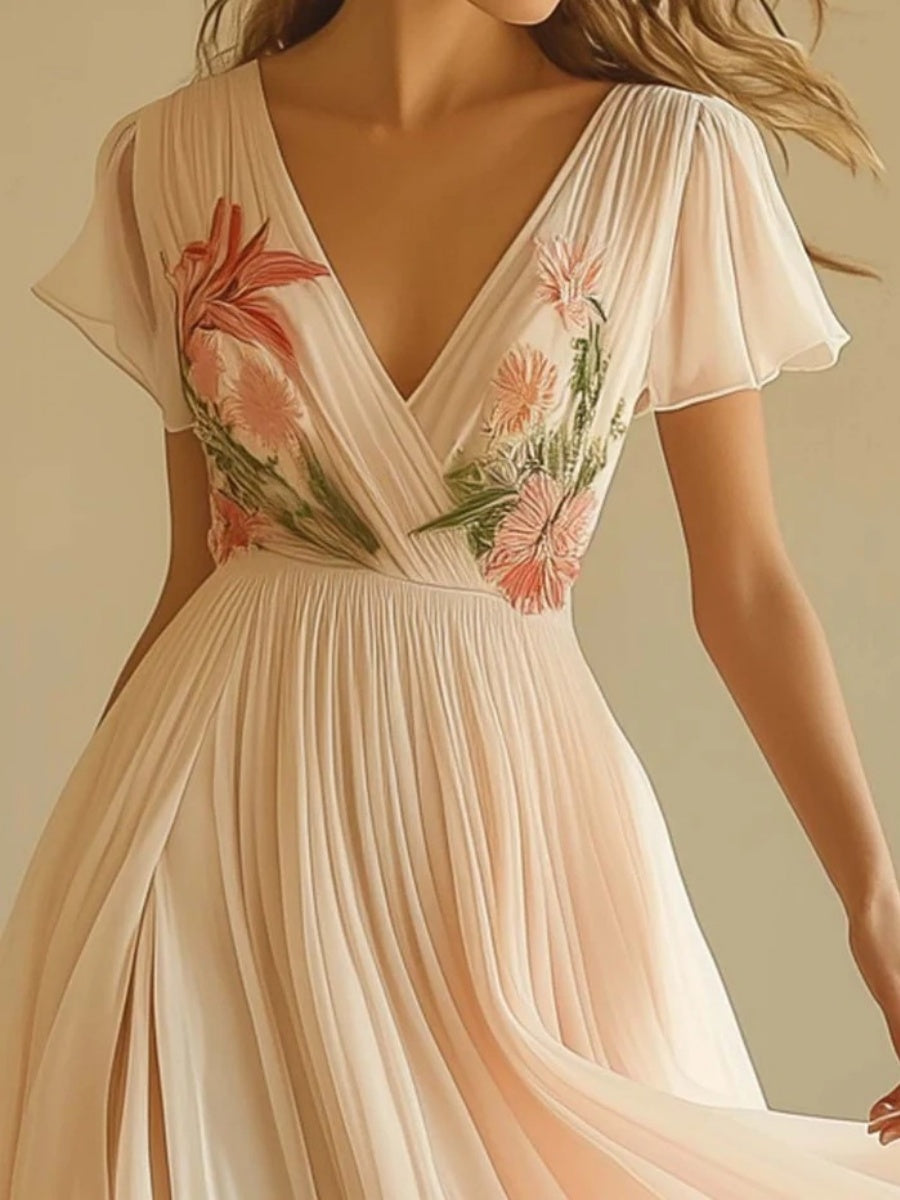 Floral Print V-neck Short Sleeve Maxi Dresses