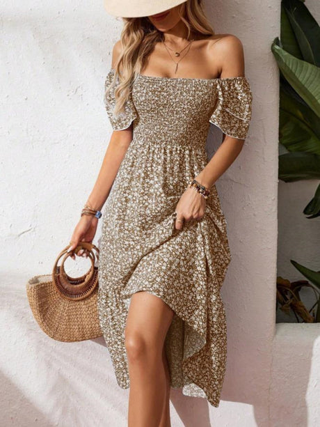 Floral Print Square Neckline And Puff Sleeves Maxi Dresses