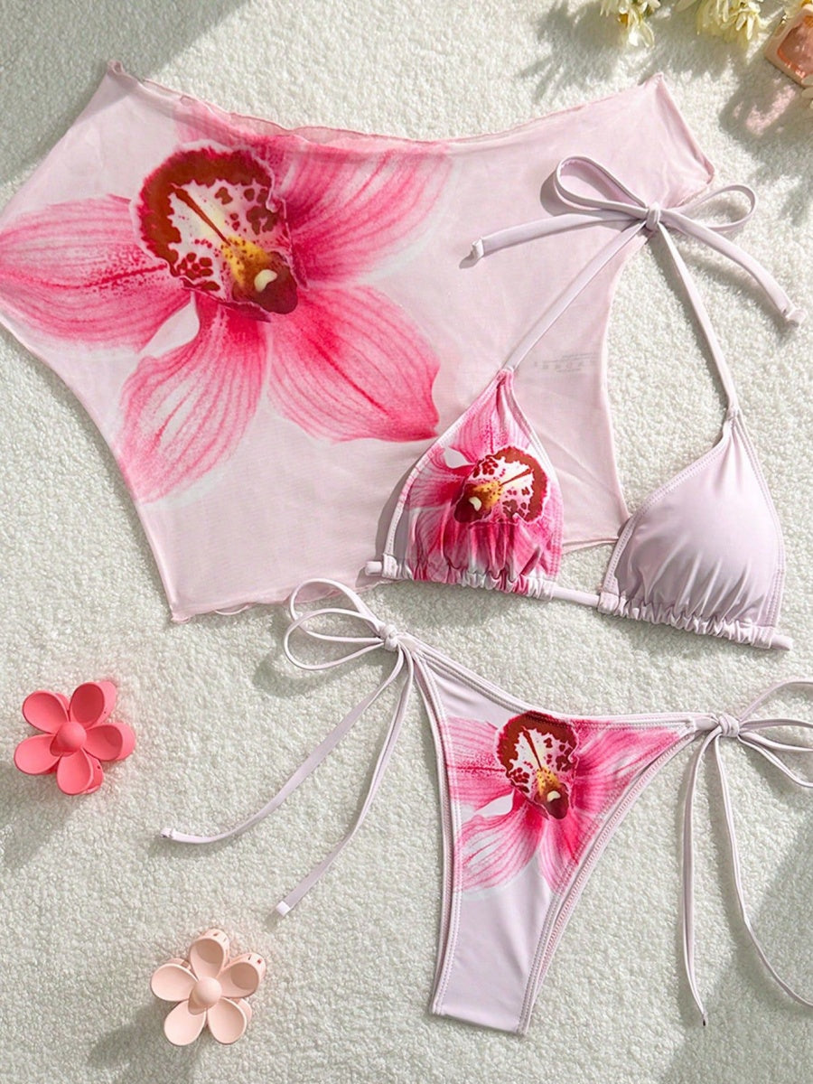 Finalized Floral Print Tie-up Bikini Three-piece Set