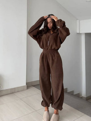 Liber Autumn women's one-piece suit solid color straight pants long-sleeved jumpsuit