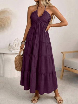 Halter V-neck Drawstring Loose-fit Vacation Maxi Dresses