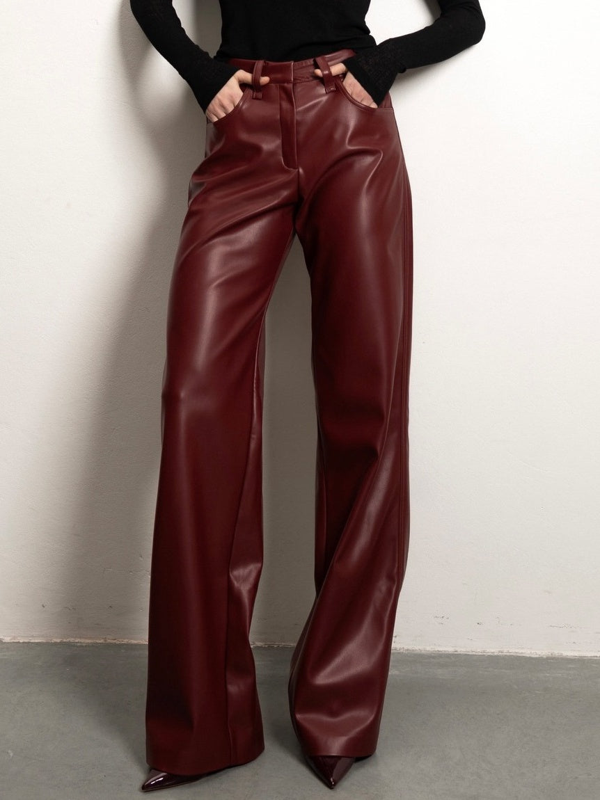 High-waisted Slim-fit Straight-leg PU Leather Pants