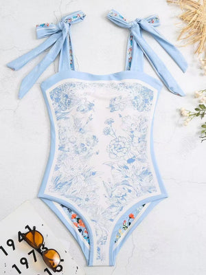 Double-sided Printed Retro-style Fresh Strapless Tie-up Swimsuit