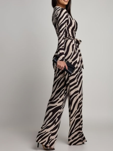 Zebra Print V-neck Long Sleeve Wide-leg Pants Jumpsuits
