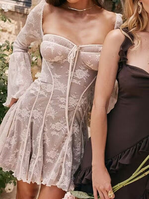 Lace Flared Long-sleeved Tie-back A-line Short Dress