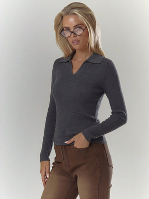 Ribbed Polo-Collar Wool-Blend Sweater