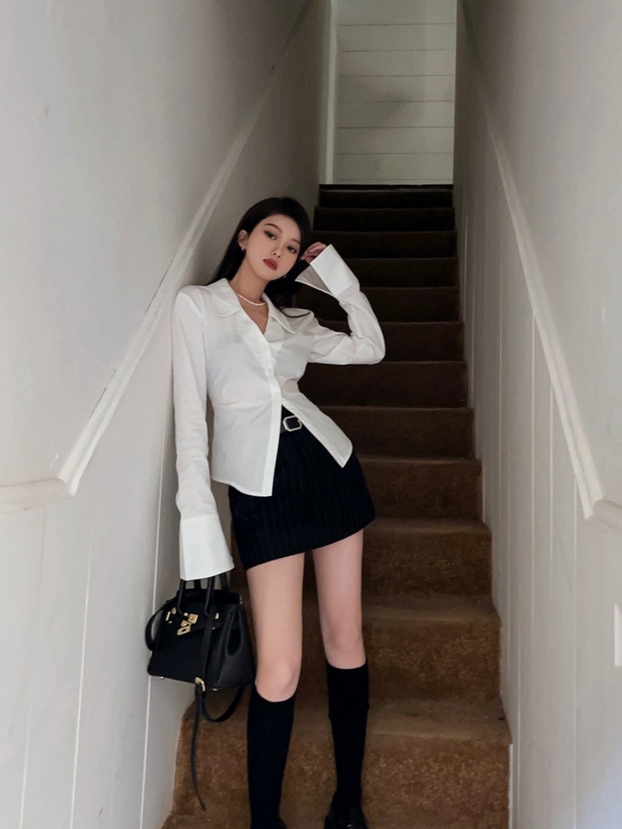 White Collared Long-sleeved Shirt For Women, Slim Fit, Waist-cinching Design, Unique And Stylish Top.