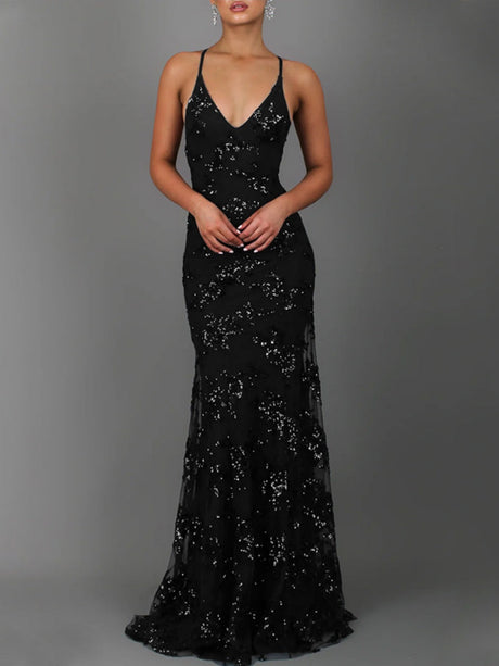 Camisoles V-neck Backless Sequins Lace Up Formal Dress Dinner Maxi Dresses
