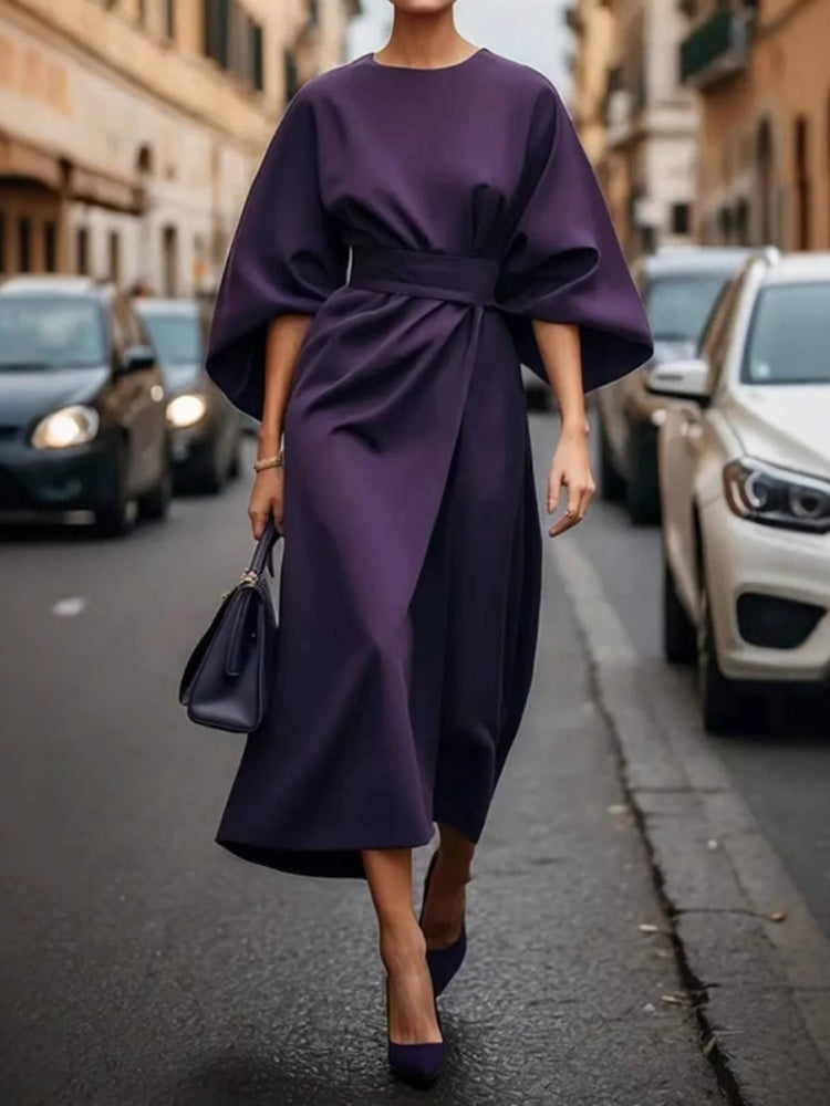 Solid Color Fitted Waist Dress, Casual Batwing Sleeve Long Skirt