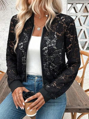 Short Lace Jacquard Lace Perspective Zipper Jacket Jackets
