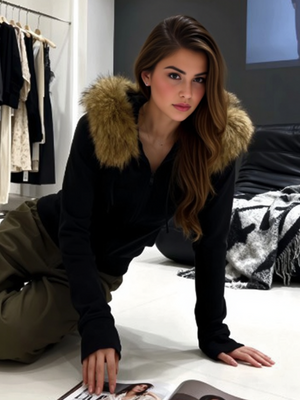 Slim Fit Fur Collar Sweatshirts&Hoodies Short Hooded Jacket