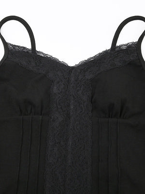 Deep V-neck Solid Color Lace Trim Split Camisole