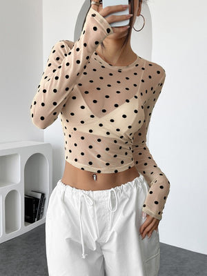 Polka Dots Mesh T-shirt Sheer Tops
