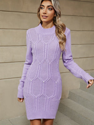 Strickkleider mit Rundhalsausschnitt, Jacquardmuster und langen Ärmeln (Mini- und Kurzkleider)