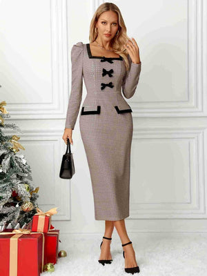 Bow Long Sleeve Tight Fit Bodycon Dress Plaid Knitting Workplace Midi Dresses