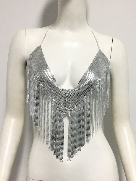 Diamond Sequins Tassel Halter Neck And Backless Tank Tops&Camis