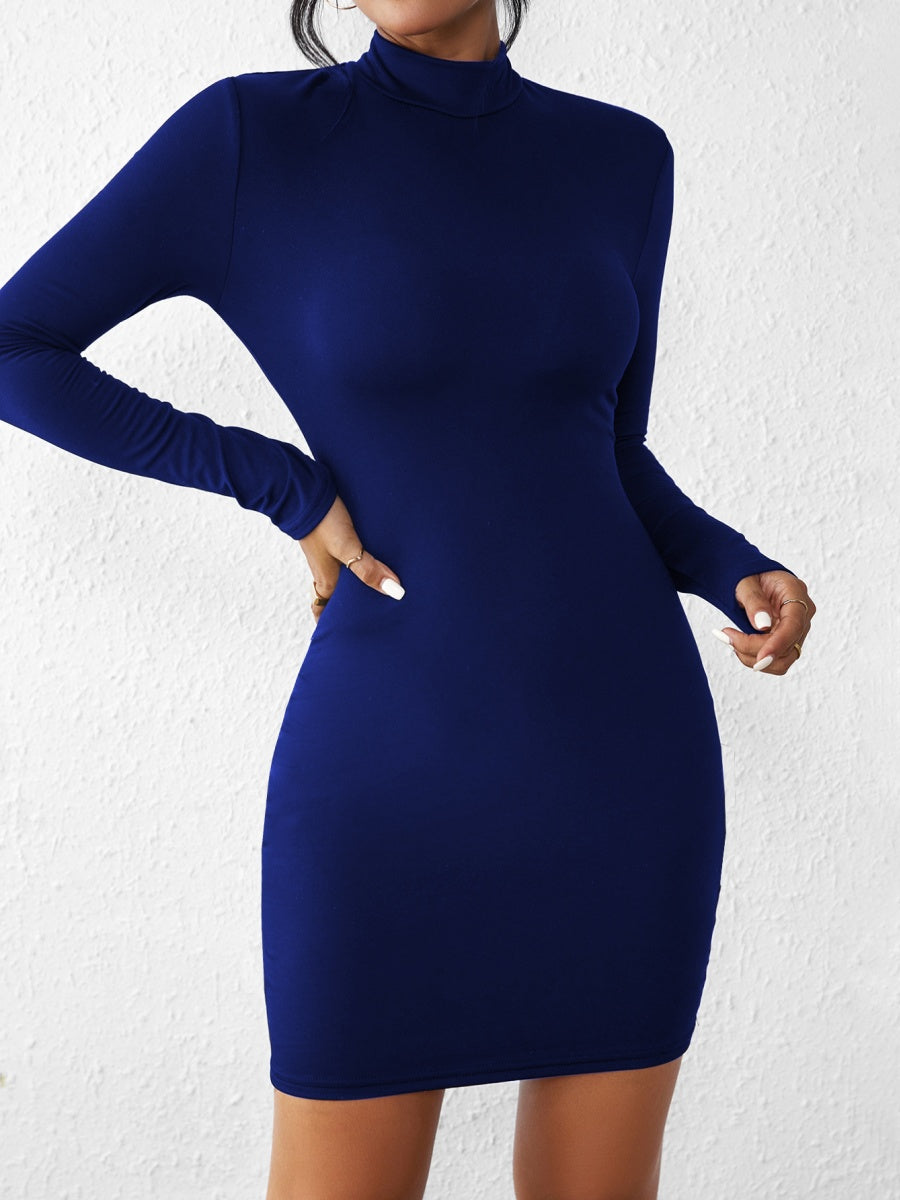 Half Turtleneck Solid Color Tight Fit Long Sleeve Mini&Short Dresses