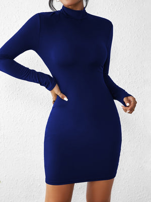 Half Turtleneck Solid Color Tight Fit Long Sleeve Mini&Short Dresses