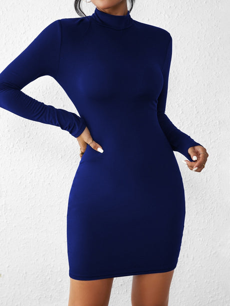 Half Turtleneck Solid Color Tight Fit Long Sleeve Mini&Short Dresses