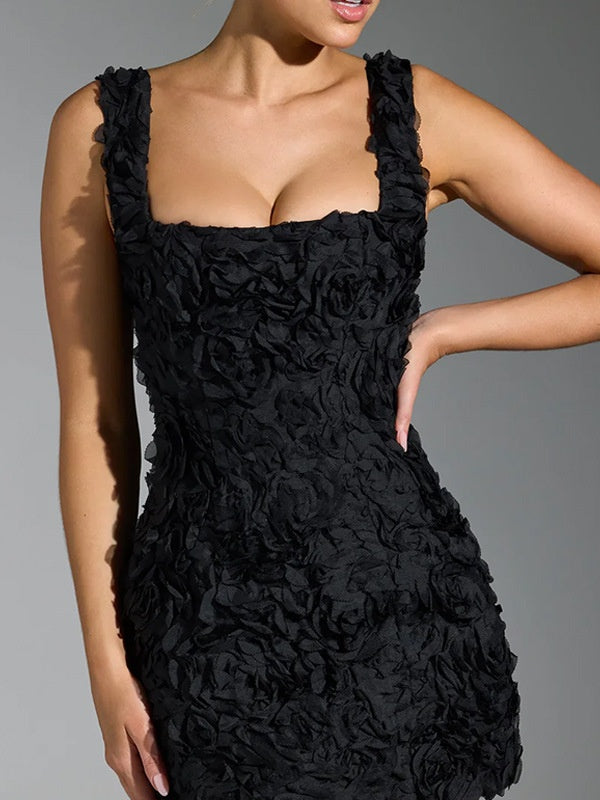 Square Collar 3D Flowers Slim Fit Sleeveless Tie Mini&Short Dresses