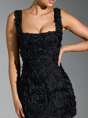 Square Collar 3D Flowers Slim Fit Sleeveless Tie Mini&Short Dresses