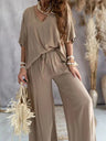 V-neck Batwing Sleeve Casual Loose Wide-leg Pants Two-piece Set
