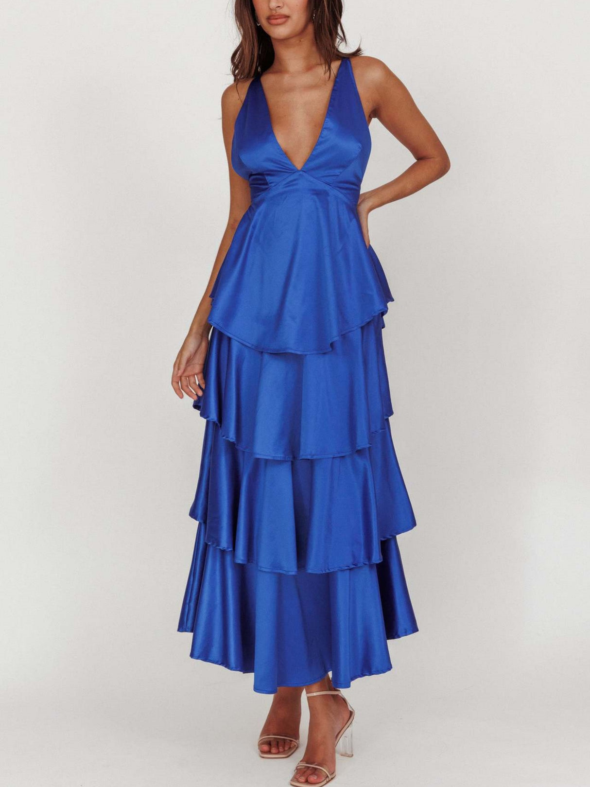 Ruffled Splicing Satin V-neck Tank Top Maxi Dresses