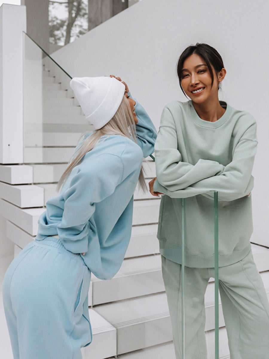 Liber Women's autumn round neck solid color pullover Long sleeve two piece sweatshirt