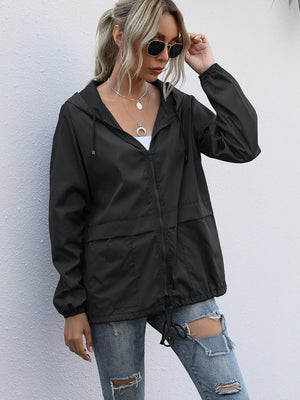 Hooded Zipper Outdoor Raincoat Coat Loose Windproof Long-sleeved Trench Coat