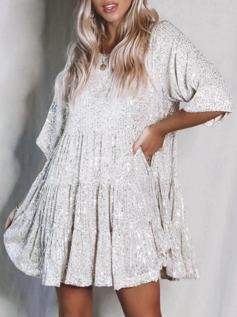 Sequins Crew Neck Loose Waist Short Sleeve Dress