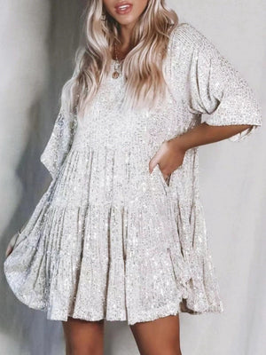 Sequins Crew Neck Loose Waist Short Sleeve Dress