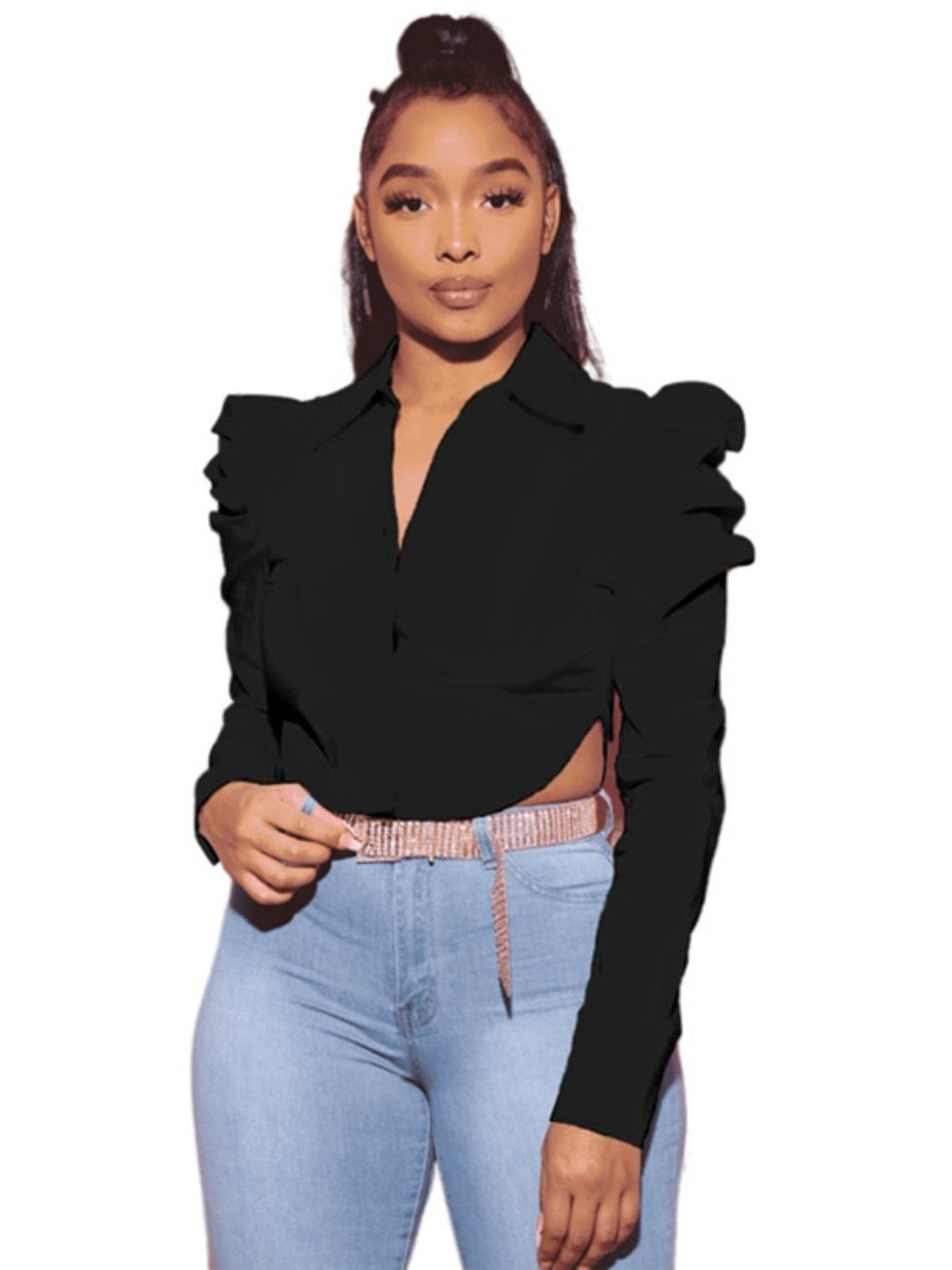 Navel Slits Leg Of Mutton Sleeves Lapel Shirts