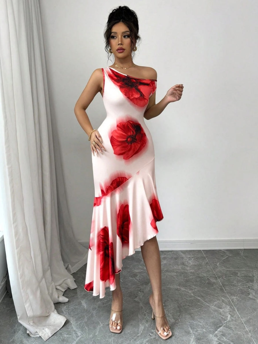 Asymmetrical Fitted Hibiscus Floral Print Long Dress