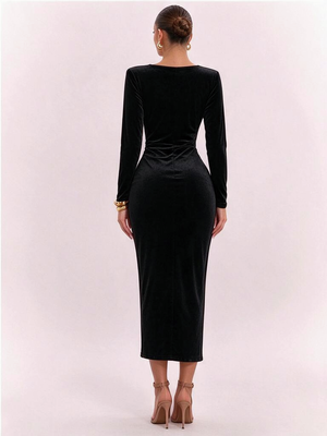 Goose Down V-neck Dress, Slim Fit, Pleated Patchwork, Irregular Skirt, Elegant Long Dress