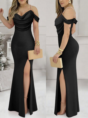 Beaded Halter Top With Slit, Sexy, Waist-cinching, Hip-hugging Design Maxi Dresses